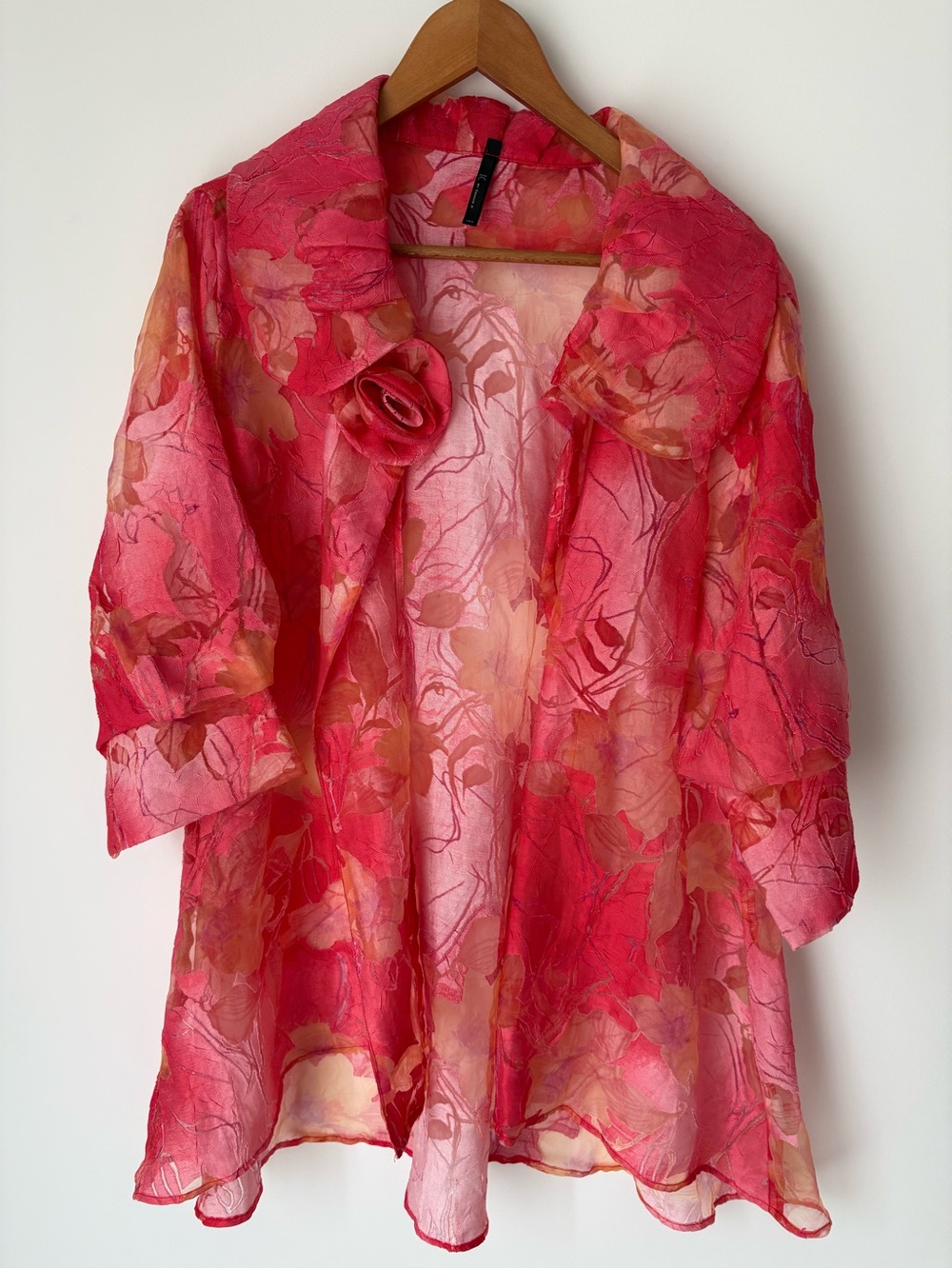 INC Sheer Floral Open Front Jacket - Pink/Coral